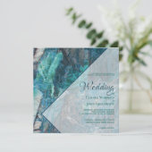 ブルーエレガントティール（緑がかった色）グリーンマーブルジオメトリック結婚ス 招待状 (スタンド正面)
