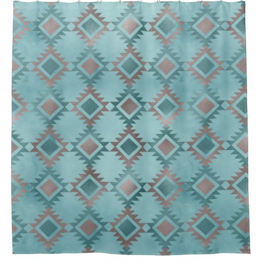 ブルーエレガントティール(緑がかった色)南西ダイヤモンドパターン シャワーカーテン (正面)