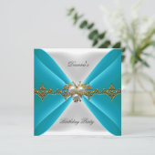 ブルーエレガントティール(緑がかった色)誕生日金ゴールドジュエルホワイトシルク 招待状 (スタンド正面)