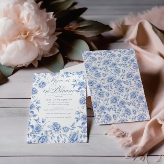 ブルーエレガントトイルチノワセリーブライダルシャワー 招待状