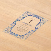 ブルーエレガントトイルドジュエバプテスマ アクリル招待状 (レイダウン)