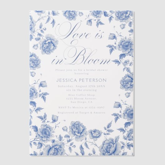 ブルーエレガントトイレチノワセリーブライダルシャワー ベラム紙招待状 (正面)