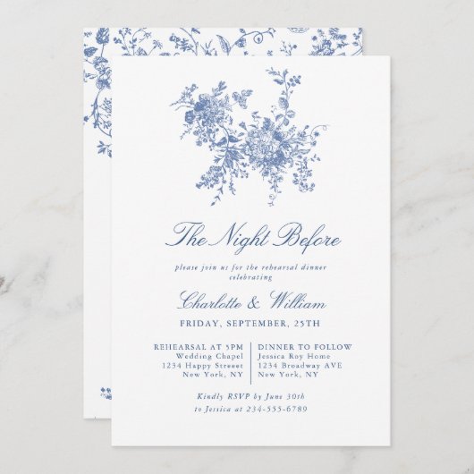 ブルーエレガントトワフランスのイルガーデンリハーサルディナー 招待状 (正面/裏面)
