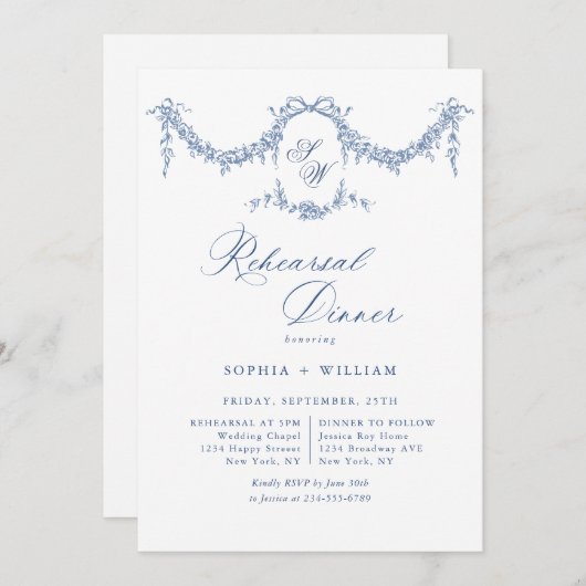 ブルーエレガントトワフランスのイルガーデンリハーサルディナー 招待状 (正面/裏面)