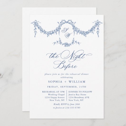 ブルーエレガントトワフランスのイルガーデンリハーサルディナー 招待状 (正面/裏面)