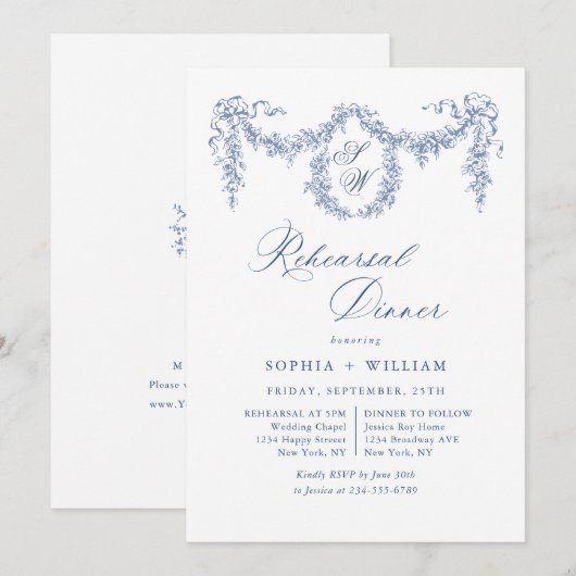 ブルーエレガントトワフランスのイルガーデンリハーサルディナー 招待状 (正面/裏面)