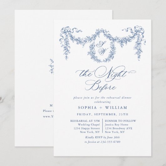 ブルーエレガントトワフランスのイルガーデンリハーサルディナー 招待状 (正面/裏面)