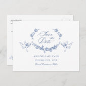 ブルーエレガントトワフランスのイル結婚式の日付を保存 ポストカード (正面/裏面)