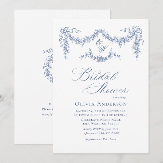 ブルーエレガントトワフランスのールガーデンブライダルシャワー 招待状 (正面/裏面)