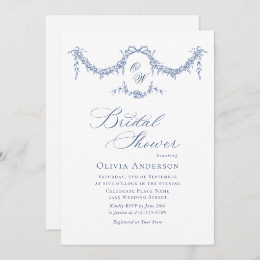 ブルーエレガントトワフランスのールガーデンブライダルシャワー 招待状 (正面/裏面)