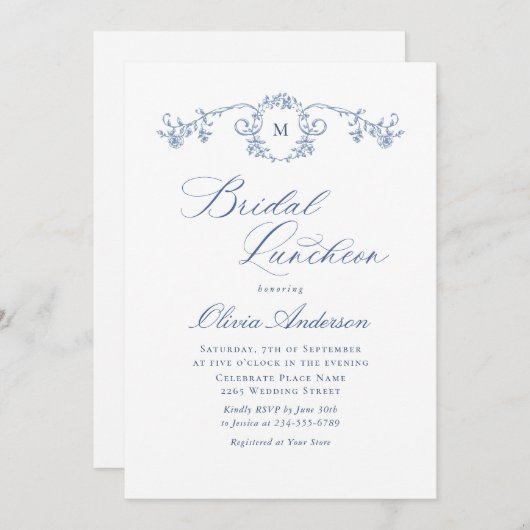 ブルーエレガントトワフランスのールガーデンブライダルルンチョン 招待状 (正面/裏面)