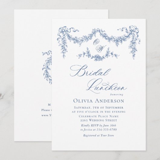ブルーエレガントトワフランスのールガーデンブライダルルンチョン 招待状 (正面/裏面)