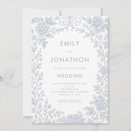 ブルーエレガントトワレ縁どドジュイQRコー結婚ド 招待状 (正面)