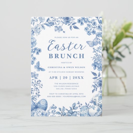 ブルーエレガントトワールお洒落フローライースターブランチ 招待状 (スタンド正面)