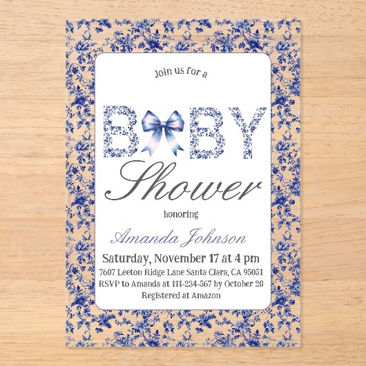 ブルーエレガントトワールデジュイとボウベビーシャワー アクリル招待状 (正面)