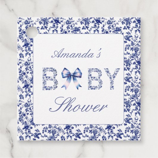ブルーエレガントトワールデジュイとボウベビーシャワー フェイバータグ (正面)