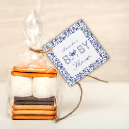 ブルーエレガントトワールデジュイとボウベビーシャワー フェイバータグ