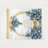 ブルーエレガントドレス金ゴールドグリッタースウィート16バナー タペストリー (正面(横))