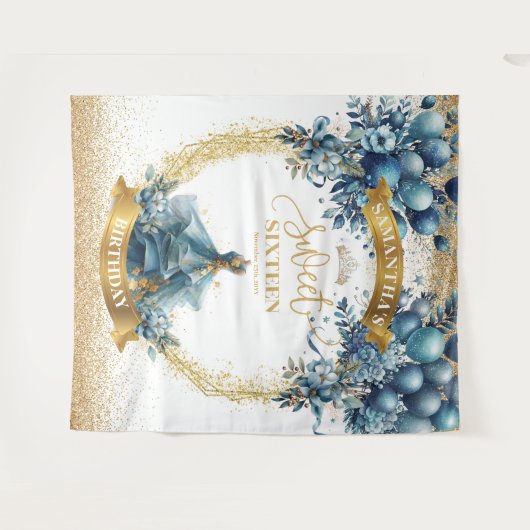 ブルーエレガントドレス金ゴールドグリッタースウィート16バナー タペストリー (正面(横))