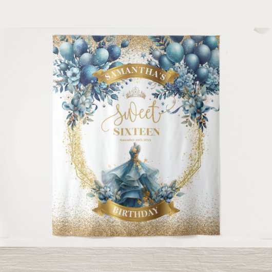 ブルーエレガントドレス金ゴールドグリッタースウィート16バナー タペストリー (正面)