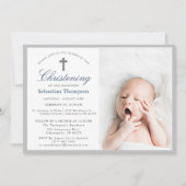 ブルーエレガントネイビーストライプズ写真《キリスト教》洗礼式や命名式 招待状 (正面)