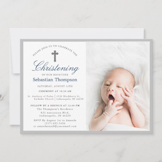 ブルーエレガントネイビーストライプズ写真《キリスト教》洗礼式や命名式 招待状 (正面)