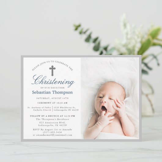 ブルーエレガントネイビーストライプズ写真《キリスト教》洗礼式や命名式 招待状 (スタンド正面)