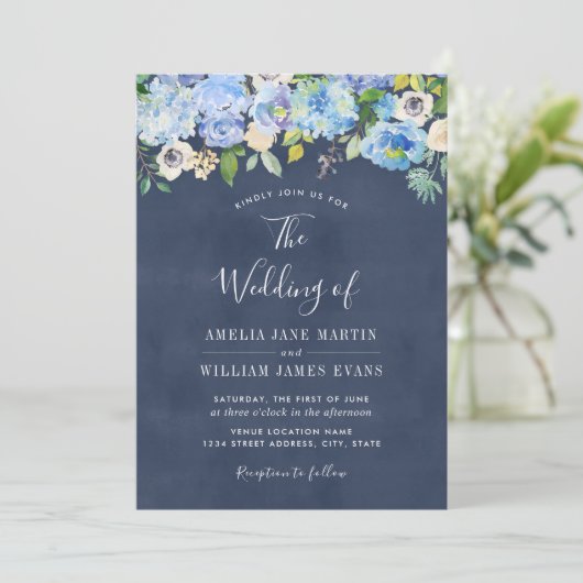 ブルーエレガントネイビーフローラ結婚式招待状 招待状 (スタンド正面)