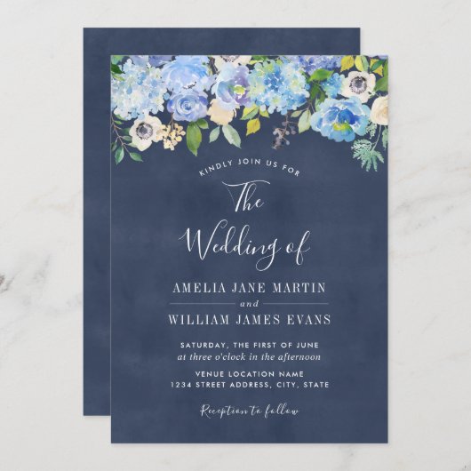 ブルーエレガントネイビーフローラ結婚式招待状 招待状 (正面/裏面)