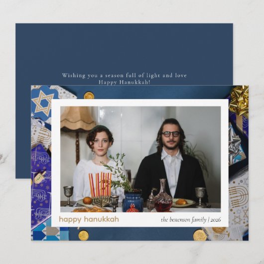 ブルーエレガントハッピーハヌッカファミリー1写真 シーズンカード (正面/裏面)