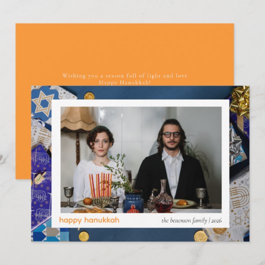 ブルーエレガントハッピーハヌッカファミリー1写真 シーズンカード (正面/裏面)