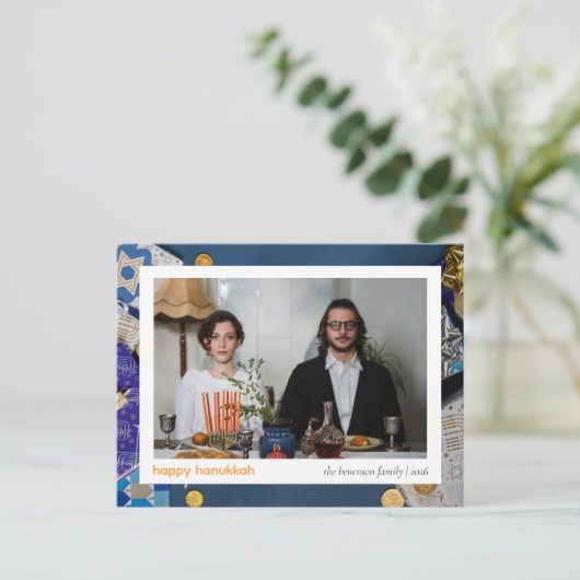 ブルーエレガントハッピーハヌッカファミリー1写真 シーズンポストカード (スタンド正面)