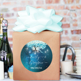 ブルーエレガントハートリーフツリー結婚式の日付を保存 ラウンドシール