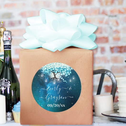 ブルーエレガントハートリーフツリー結婚式の日付を保存 ラウンドシール