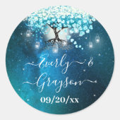 ブルーエレガントハートリーフツリー結婚式の日付を保存 ラウンドシール (正面)