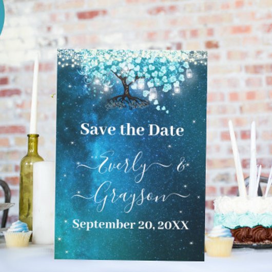 ブルーエレガントハートリーフツリー結婚式の日付を保存 招待状