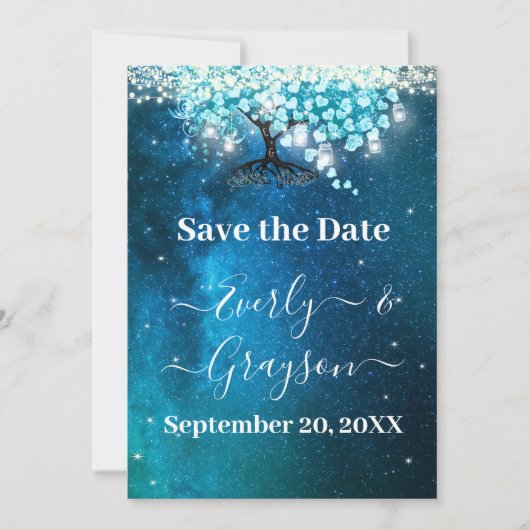 ブルーエレガントハートリーフツリー結婚式の日付を保存 招待状 (正面)