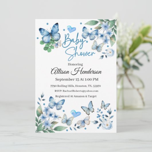 ブルーエレガントバタフライボーイ赤ちゃんシャワー招待状 招待状 (スタンド正面)