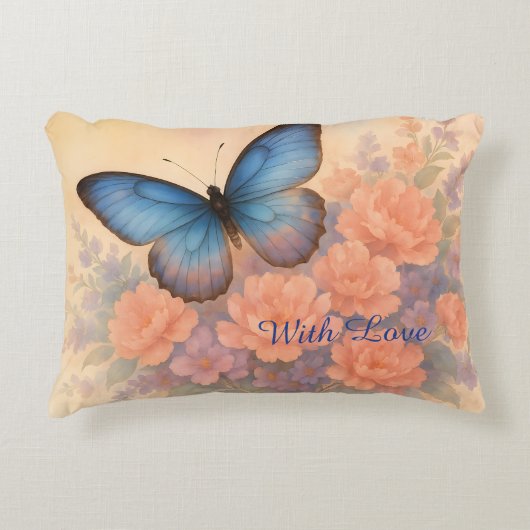 ブルーエレガントバタフライ&ピーチフローラ水彩 アクセントクッション (正面)