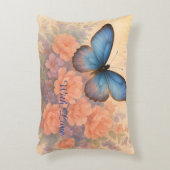 ブルーエレガントバタフライ&ピーチフローラ水彩 アクセントクッション (正面(垂直))