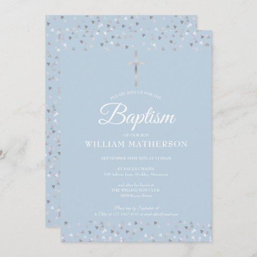 ブルーエレガントバプティスマ《キリスト教》洗礼式や命名式シルバーハート 招待状 (正面/裏面)
