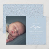 ブルーエレガントバプティスマ、《キリスト教》洗礼式や命名式写真 招待状 (正面/裏面)