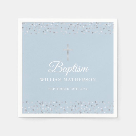 ブルーエレガントバプテスマ《キリスト教》洗礼式や命名式シルバーハート スタンダードカクテルナプキン (正面)