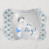 ブルーエレガントバラパールベビーブルーベビーシャワー 招待状 (正面/裏面)