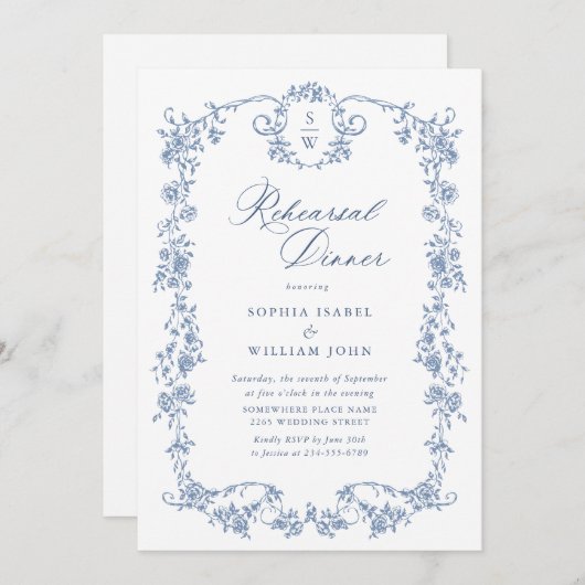 ブルーエレガントバラフランスのトイルリハーサルディナー 招待状 (正面/裏面)