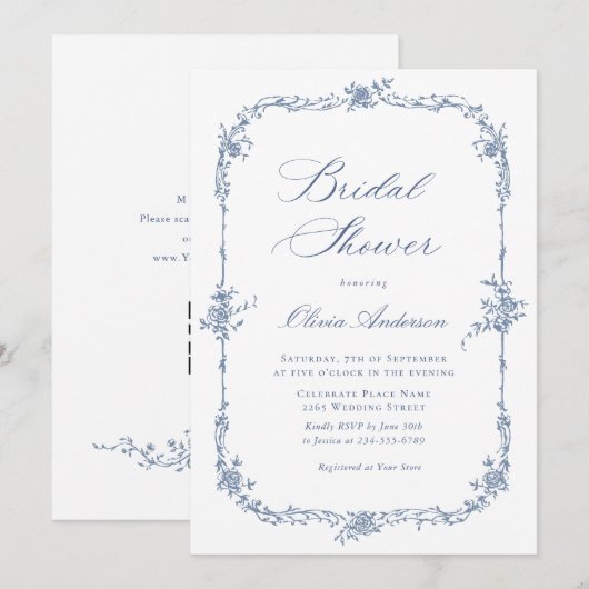 ブルーエレガントバラフランスのトワールブライダルシャワー 招待状 (正面/裏面)