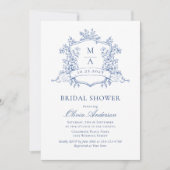 ブルーエレガントバラフランスのトワールブライダルシャワー 招待状 (正面)