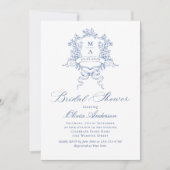 ブルーエレガントバラフランスのトワールブライダルシャワー 招待状 (正面)