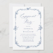 ブルーエレガントバラフランスのトワール婚約パーティ 招待状 (正面)