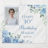 ブルーエレガントバラフローラフレーム30th誕生日パーティー スパークリングワインラベル (シングルラベル)